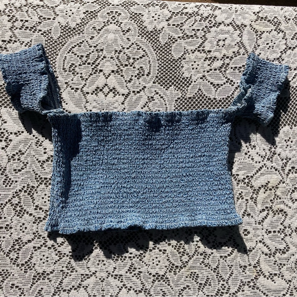 American Apparel Denim Smocked Off the Shoulders Crop Top Shirt size M